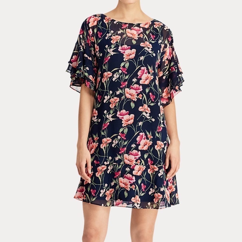 Lauren Ralph Lauren Floral Print Ruffle Dress – Navy and Pink Womens Size 12 - Picture 2 of 14